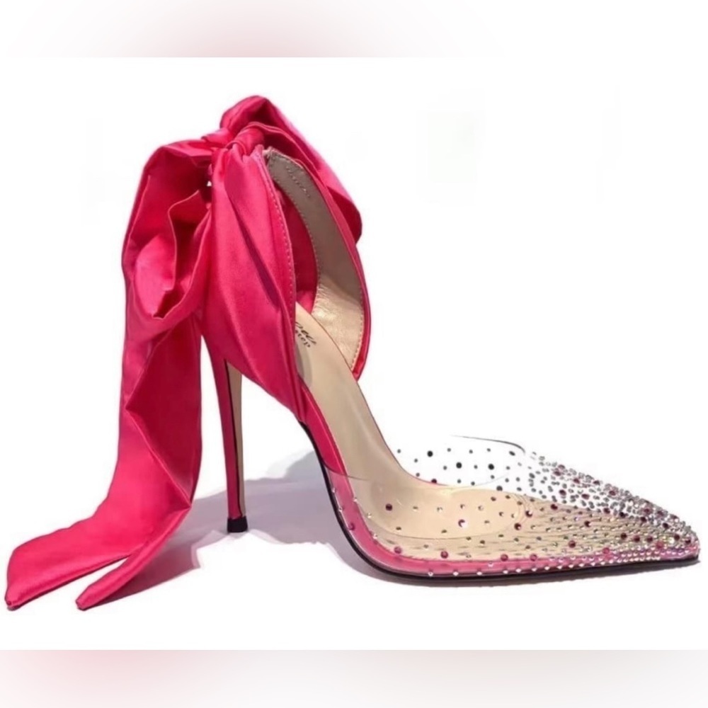 Miaow de step Women's Transparent Rhinestone Ankle Tie Bow High Heel Sz 8.5